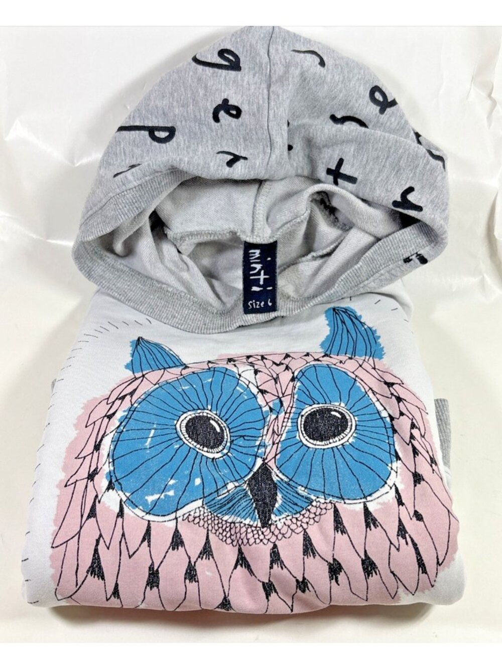Minti Owl Hoo Hoo Alphabet Cotton Elastane Childs Kids Unisex Hoodie Sz 6